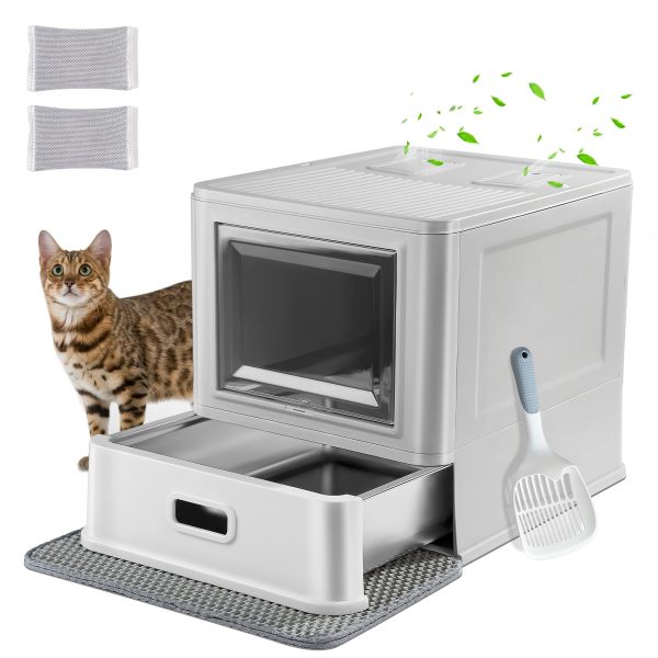 Enclosed Stainless Steel Cat Litter Box with Lid & Drawer Design for Indoor All Lifestyles Cats, Metal Covered Cat Litter Box, Baffles for Anti-Leakag, with Litter Scoop & Litter Mat