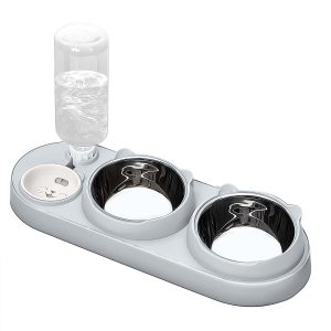 3 in 1 Cat Bowl, Cat Food and Water Bowl Set with Water Dispenser and Stainless Steel Bowls, 15° Tilted Pet Raised Three Bowls for Indoor Cats, Small or Medium Sized Dogs