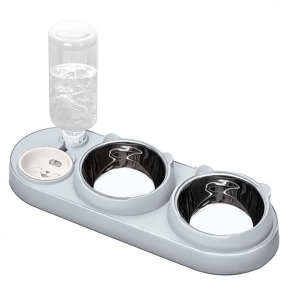 3 in 1 Cat Bowl, Cat Food and Water Bowl Set with Water Dispenser and Stainless Steel Bowls, 15° Tilted Pet Raised Three Bowls for Indoor Cats, Small or Medium Sized Dogs