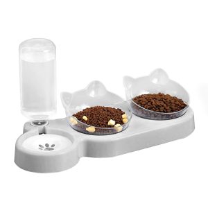 Raised Three Cat Dishes for Food and Water, Pet Feeding Bowls with Automatic Water Bottle