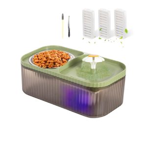 Cat Water Fountain and Stainless Steel Food Bowl, 100oz/3L Super Quiet Automatic Pet Water Dispenser with Smart Pump and 3 Replacement Filters for Cats and Small Dogs, Green