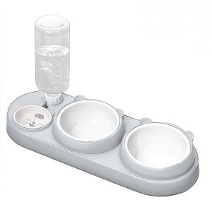 3-in-1 Cat Bowl, Ceramic Food and Water Bowl Set, 15° Sloped Design, for Indoor Cats, Small Dogs, and Medium Dogs