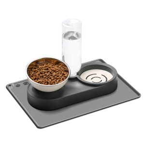 2-in-1 Dog Bowl, Elevated Cat Food and Water Bowl with No-Spill Mat, 15° Tilt Stainless Steel Dish + 500ml Leak-Proof Bottle, Easy Clean Design (Dry/Wet Food & Water)