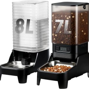 7L Automatic Cat Feeder and 8L Automatic Gravity Pet Water Dispenser with Patented Faucet, Stainless Steel Bowl, Adjustable Elevated Base, Battery Operated, Timed Feeder