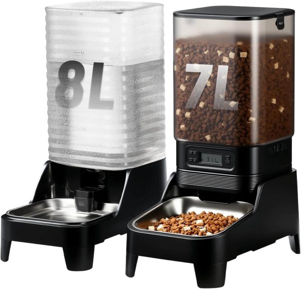 7L Automatic Cat Feeder and 8L Automatic Gravity Pet Water Dispenser with Patented Faucet, Stainless Steel Bowl, Adjustable Elevated Base, Battery Operated, Timed Feeder