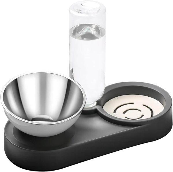Stainless Steel Dog Cat Bowls, 15° Tilted Elevated Cat Food and Water Bowl Set with 500ml Gravity Bottle for Small Medium Pets, Leak-Proof
