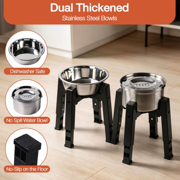 Elevated Dog Bowl with Stand, 2.5L Food Bowl and 3.3L Splash-Proof Floating Water Bowls with Large Capacity Stainless Steel, Adjustable Height & Width, Anti-Slip Stand for Medium Large Dogs