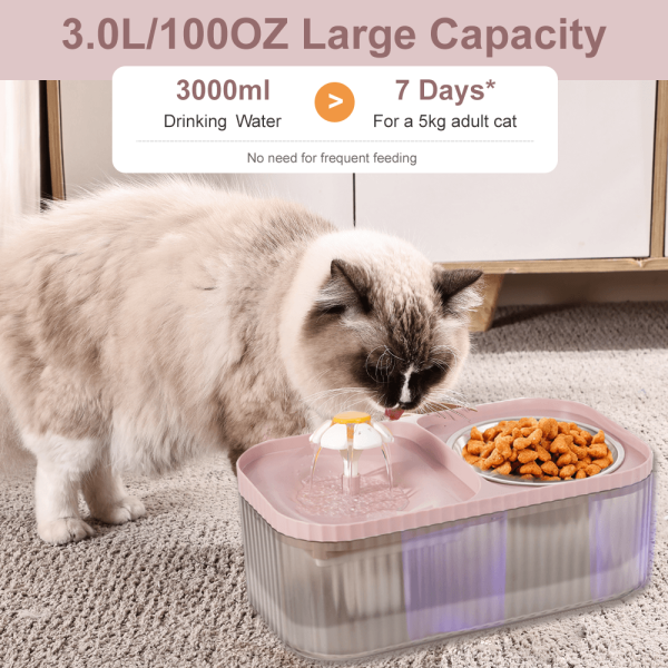 Cat Water Fountain and Stainless Steel Food Bowl, 100oz/3L Super Quiet Automatic Pet Water Dispenser with Smart Pump and 3 Replacement Filters for Cats and Small Dogs, Pink