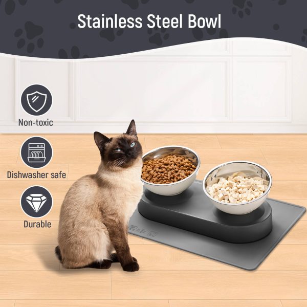 Stainless Steel Elevated Dog Food Bowls Set with Spill Proof Dish Mat, Raised Tilted Cat Bowl for Healthy Digestion, 1-Second Detachable & Dishwasher Safe