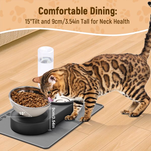 2-in-1 Dog Bowl, Elevated Cat Food and Water Bowl with No-Spill Mat, 15° Tilt Stainless Steel Dish + 500ml Leak-Proof Bottle, Easy Clean Design (Dry/Wet Food & Water)