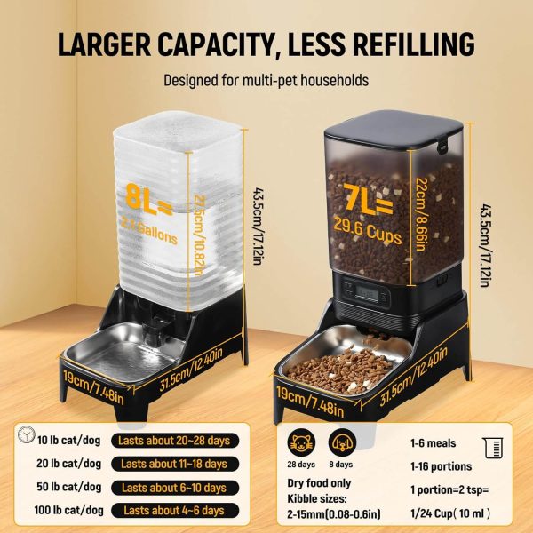 7L Automatic Cat Feeder and 8L Automatic Gravity Pet Water Dispenser with Patented Faucet, Stainless Steel Bowl, Adjustable Elevated Base, Battery Operated, Timed Feeder