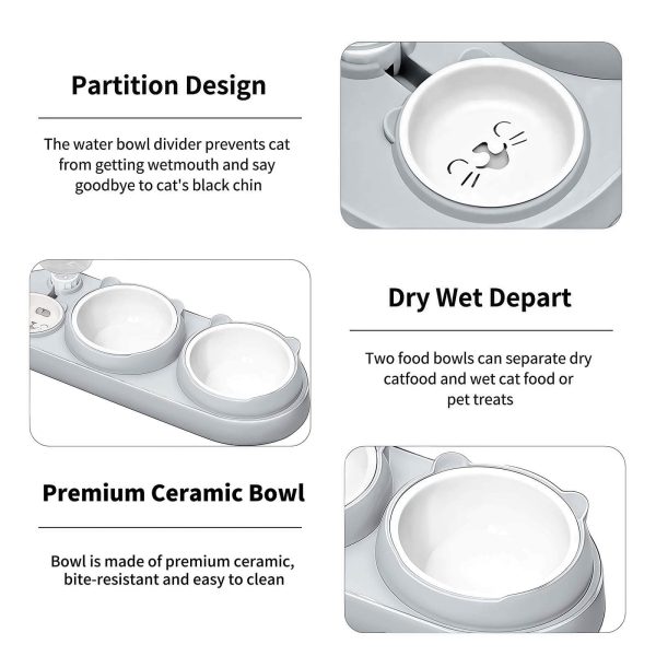 3-in-1 Cat Bowl, Ceramic Food and Water Bowl Set, 15° Sloped Design, for Indoor Cats, Small Dogs, and Medium Dogs