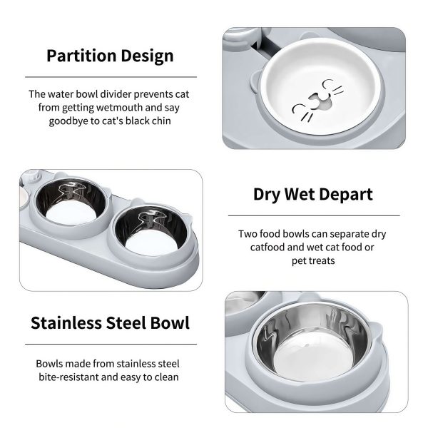 3 in 1 Cat Bowl, Cat Food and Water Bowl Set with Water Dispenser and Stainless Steel Bowls, 15° Tilted Pet Raised Three Bowls for Indoor Cats, Small or Medium Sized Dogs