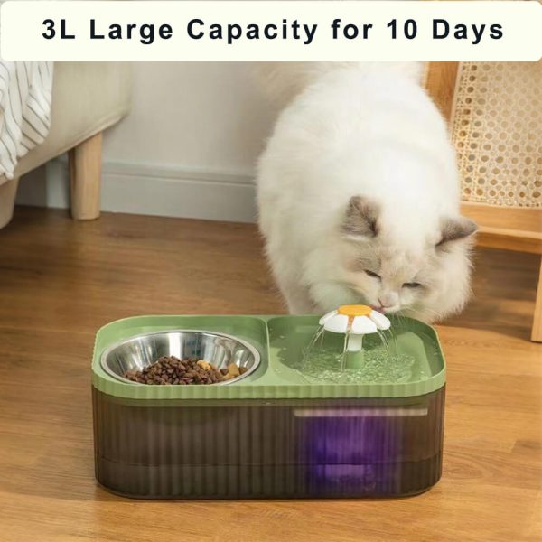 Cat Water Fountain and Stainless Steel Food Bowl, 100oz/3L Super Quiet Automatic Pet Water Dispenser with Smart Pump and 3 Replacement Filters for Cats and Small Dogs, Green