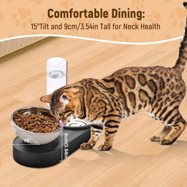 Stainless Steel Dog Cat Bowls, 15° Tilted Elevated Cat Food and Water Bowl Set with 500ml Gravity Bottle for Small Medium Pets, Leak-Proof