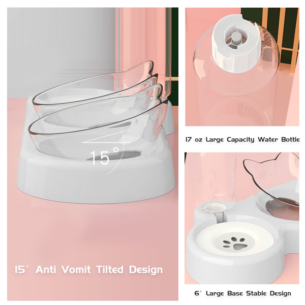 Raised Three Cat Dishes for Food and Water, Pet Feeding Bowls with Automatic Water Bottle
