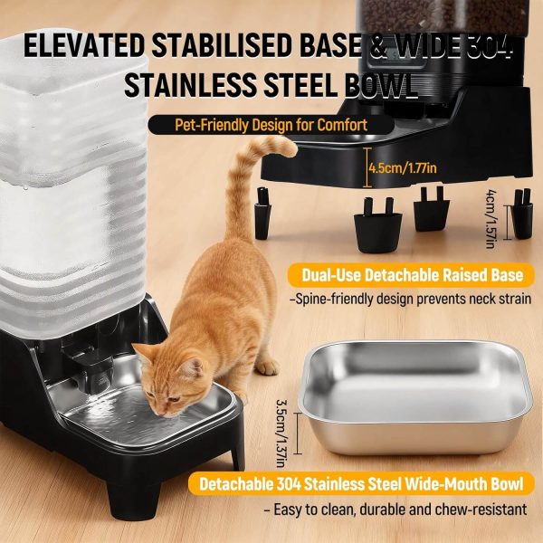 7L Automatic Cat Feeder and 8L Automatic Gravity Pet Water Dispenser with Patented Faucet, Stainless Steel Bowl, Adjustable Elevated Base, Battery Operated, Timed Feeder