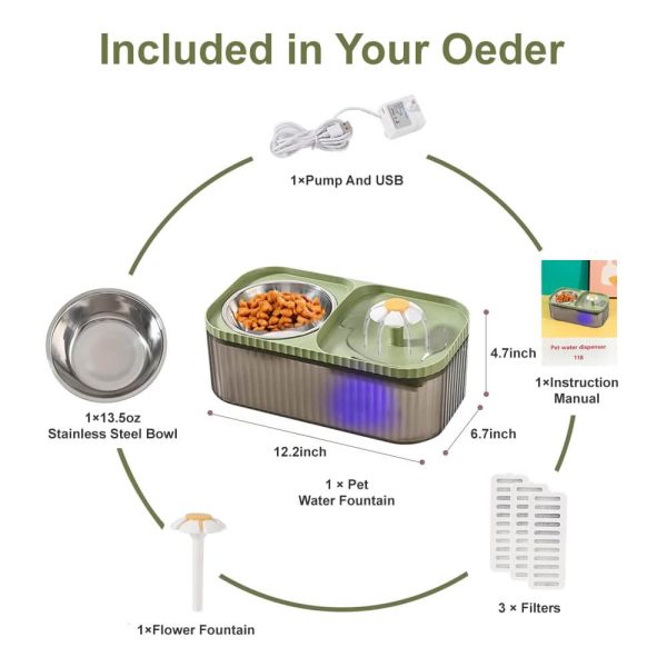 Cat Water Fountain and Stainless Steel Food Bowl, 100oz/3L Super Quiet Automatic Pet Water Dispenser with Smart Pump and 3 Replacement Filters for Cats and Small Dogs, Green