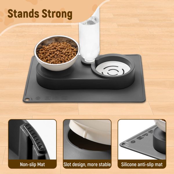2-in-1 Dog Bowl, Elevated Cat Food and Water Bowl with No-Spill Mat, 15° Tilt Stainless Steel Dish + 500ml Leak-Proof Bottle, Easy Clean Design (Dry/Wet Food & Water)