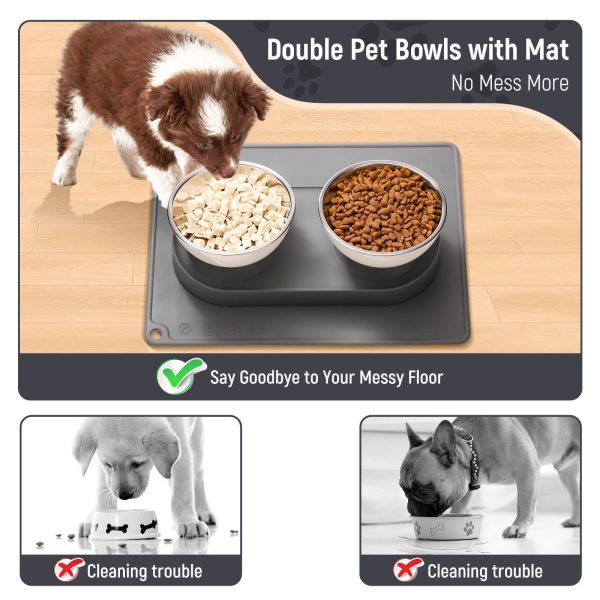 Stainless Steel Elevated Dog Food Bowls Set with Spill Proof Dish Mat, Raised Tilted Cat Bowl for Healthy Digestion, 1-Second Detachable & Dishwasher Safe