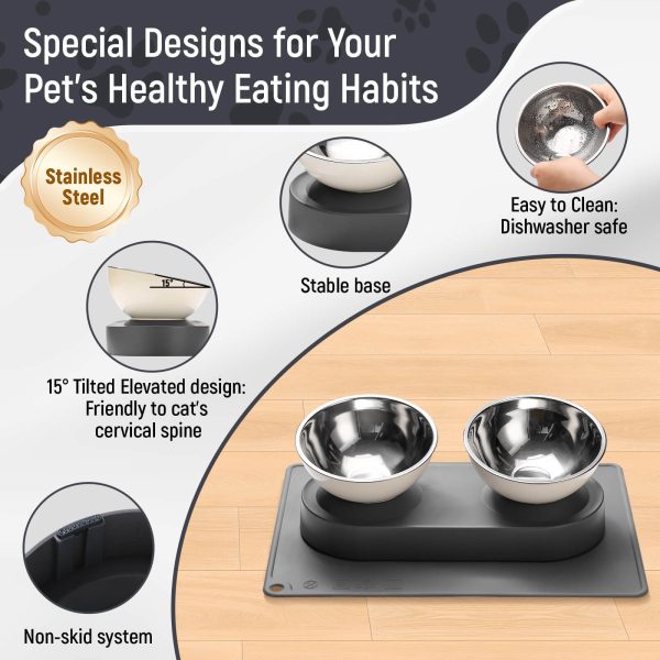 Stainless Steel Elevated Dog Food Bowls Set with Spill Proof Dish Mat, Raised Tilted Cat Bowl for Healthy Digestion, 1-Second Detachable & Dishwasher Safe