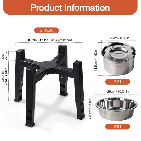 Elevated Dog Bowl with Stand, 2.5L Food Bowl and 3.3L Splash-Proof Floating Water Bowls with Large Capacity Stainless Steel, Adjustable Height & Width, Anti-Slip Stand for Medium Large Dogs