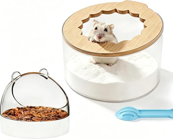Marchu Hamster Sand Bath & Food Bowl Set, Multipurpose Small Pet Feeding Station with Transparent Anti-Spill Sandbox & No-Tip Dish, Easy-to-Clean Cage Accessories for Dwarf Syrian Hamsters and Gerbils