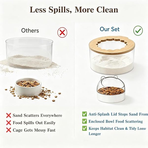 Marchu Hamster Sand Bath & Food Bowl Set, Multipurpose Small Pet Feeding Station with Transparent Anti-Spill Sandbox & No-Tip Dish, Easy-to-Clean Cage Accessories for Dwarf Syrian Hamsters and Gerbils