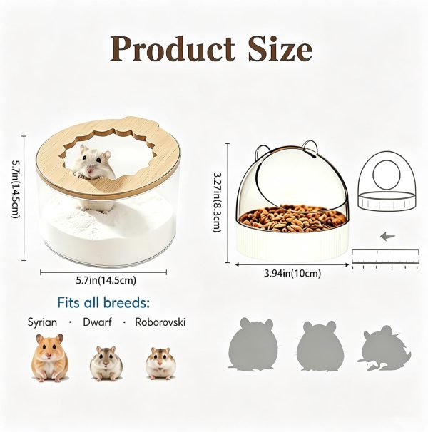 Marchu Hamster Sand Bath & Food Bowl Set, Multipurpose Small Pet Feeding Station with Transparent Anti-Spill Sandbox & No-Tip Dish, Easy-to-Clean Cage Accessories for Dwarf Syrian Hamsters and Gerbils