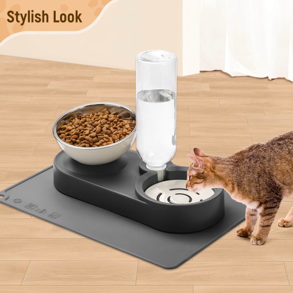 2-in-1 Dog Bowl, Elevated Cat Food and Water Bowl with No-Spill Mat, 15° Tilt Stainless Steel Dish + 500ml Leak-Proof Bottle, Easy Clean Design (Dry/Wet Food & Water)