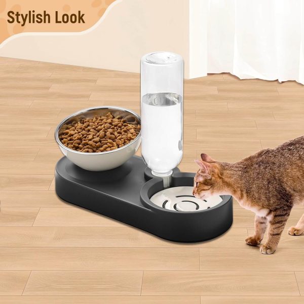 Stainless Steel Dog Cat Bowls, 15° Tilted Elevated Cat Food and Water Bowl Set with 500ml Gravity Bottle for Small Medium Pets, Leak-Proof