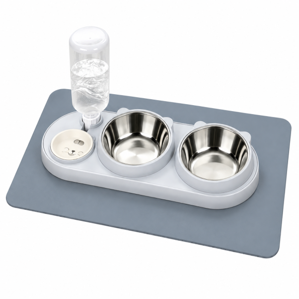 Marchul 3 in 1 Cat Bowl with Mat, Cat Food and Water Bowl Set with Water Dispenser and Stainless Steel Bowls, 15° Tilted Pet Raised Three Bowls for Indoor Cats（With PVC Mat）