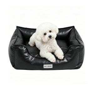 Faux Leather Dog Bed, Waterproof Cat Sofa Bed, Washable Pet Couch with Non-Slip Bottom for Small Medium Dogs & Cats, 24.4 × 18.5in Black