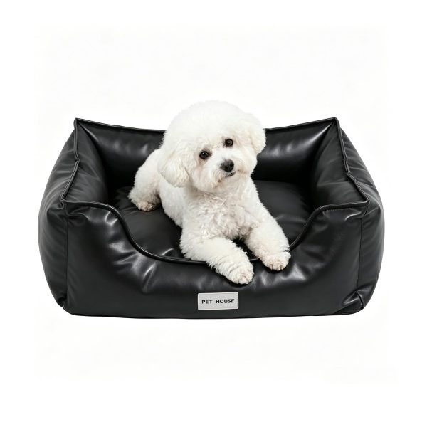 Faux Leather Dog Bed, Waterproof Cat Sofa Bed, Washable Pet Couch with Non-Slip Bottom for Small Medium Dogs & Cats, 24.4 × 18.5in Black