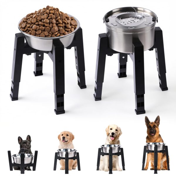 Elevated Dog Bowl with Stand, 2.5L Food Bowl and 3.3L Splash-Proof Floating Water Bowls with Large Capacity Stainless Steel, Adjustable Height & Width, Anti-Slip Stand for Medium Large Dogs