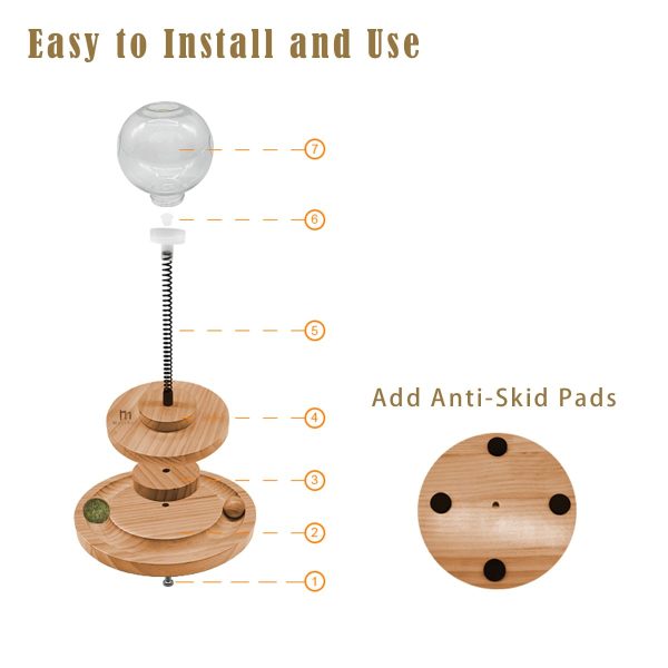 Cat Puzzle Feeder, Interactive Cat Toy with Treat Dispenser and Roller Track Ball,Wooden Slow Feeder Ball for Indoor Cats, 3-in-1 Food Puzzle Toy for Mental Stimulation