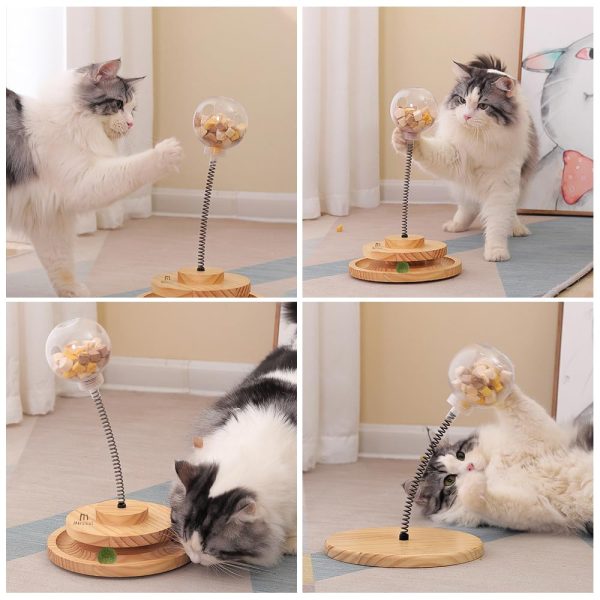 Cat Puzzle Feeder, Interactive Cat Toy with Treat Dispenser and Roller Track Ball,Wooden Slow Feeder Ball for Indoor Cats, 3-in-1 Food Puzzle Toy for Mental Stimulation