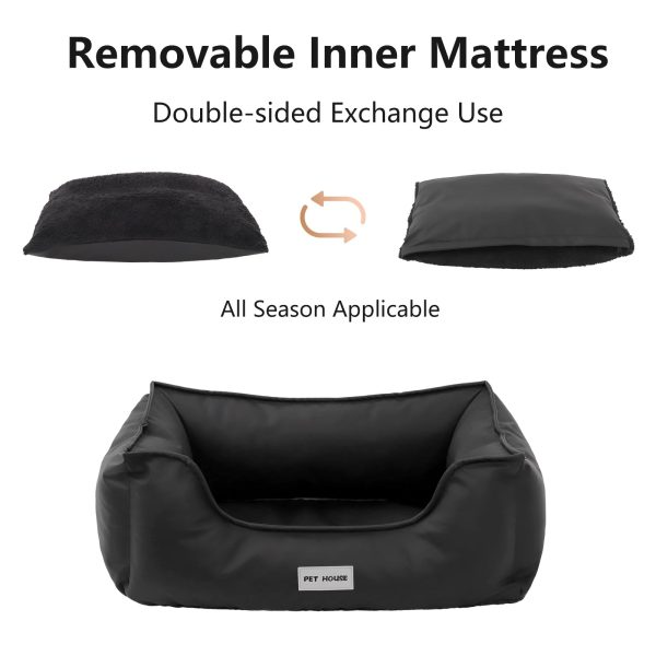 Faux Leather Dog Bed, Waterproof Cat Sofa Bed, Washable Pet Couch with Non-Slip Bottom for Small Medium Dogs & Cats, 24.4 × 18.5in Black