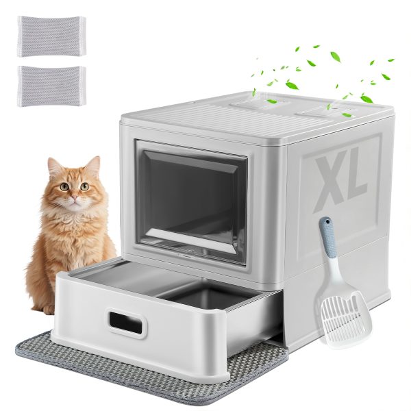 Marchul Extra Large Enclosed Stainless Steel Cat Litter Box, XXL | Deeper Drawer Anti-Leak Design with Lid, Scoop & Litter Mat