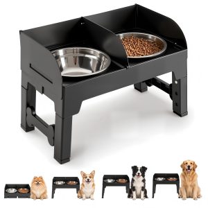 围栏升高狗碗主图1 Marchul Elevated Dog Feeder with 4 Adjustable Heights, 8.5cm Raised Splash Guard, Separate Food & Water Areas, Two Stainless Steel Bowls, Non-Slip Stand for Small Medium Large Dogs