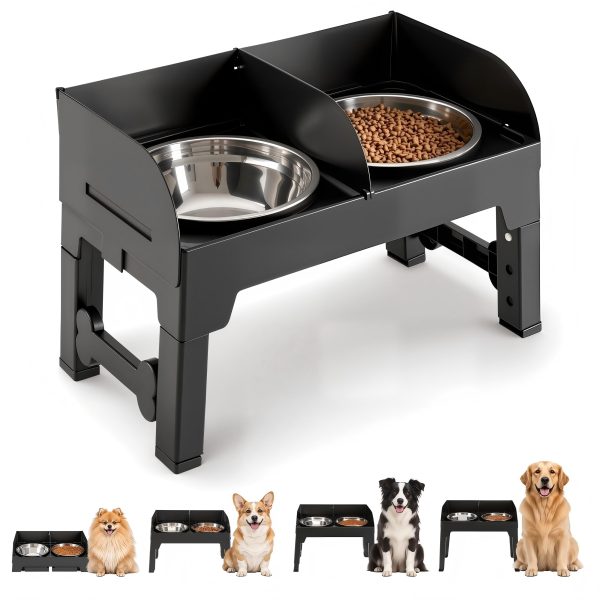 围栏升高狗碗主图1 Marchul Elevated Dog Feeder with 4 Adjustable Heights, 8.5cm Raised Splash Guard, Separate Food & Water Areas, Two Stainless Steel Bowls, Non-Slip Stand for Small Medium Large Dogs