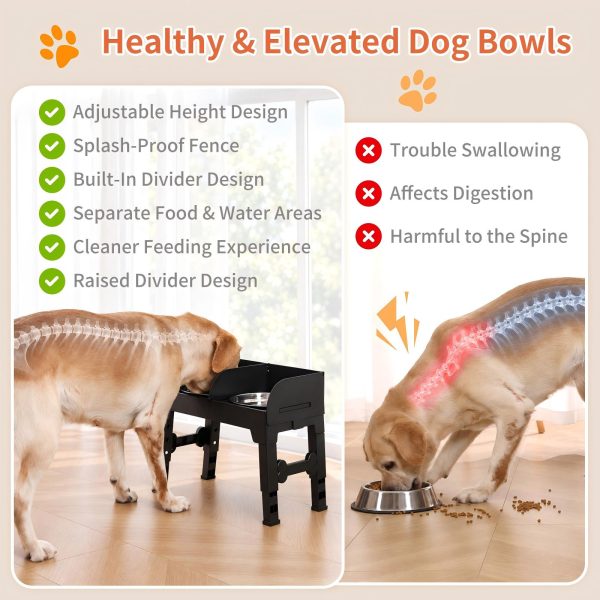 围栏升高狗碗主图3 Marchul Elevated Dog Feeder with 4 Adjustable Heights, 8.5cm Raised Splash Guard, Separate Food & Water Areas, Two Stainless Steel Bowls, Non-Slip Stand for Small Medium Large Dogs
