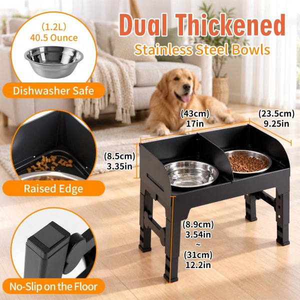 围栏升高狗碗主图4 Marchul Elevated Dog Feeder with 4 Adjustable Heights, 8.5cm Raised Splash Guard, Separate Food & Water Areas, Two Stainless Steel Bowls, Non-Slip Stand for Small Medium Large Dogs
