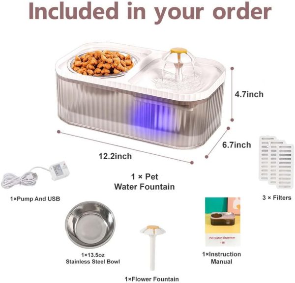 图8 Marchul Cat Water Fountain and Stainless Steel Food Bowl, 100oz/3L Super Quiet Automatic Pet Water Dispenser with Smart Pump and 3 Replacement Filters for Cats and Small Dogs, White