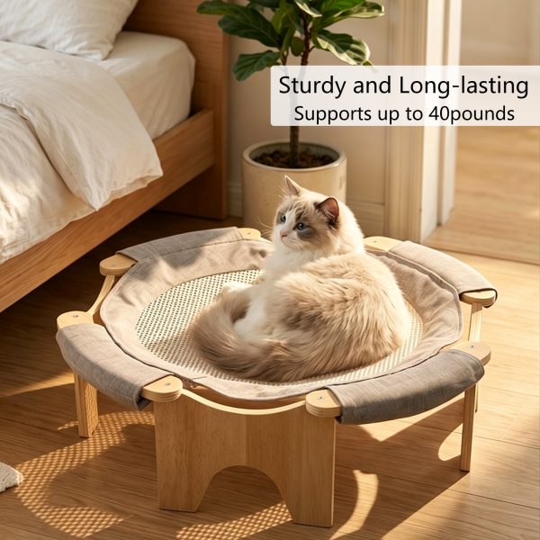 场景图3 Marchul Wooden Elevated Cat Bed Hammock, Raised Breathable Rattan Surface Cat Lounge Bed, Ground Cats Sleeping Bed for Indoor Cat, 21 x 7in