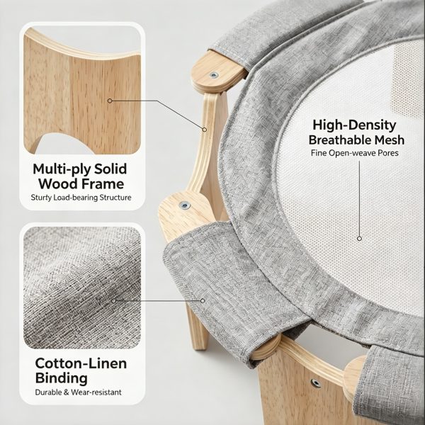 细节图 Marchul Wooden Elevated Cat Bed Hammock, Raised Breathable Rattan Surface Cat Lounge Bed, Ground Cats Sleeping Bed for Indoor Cat, 21 x 7in