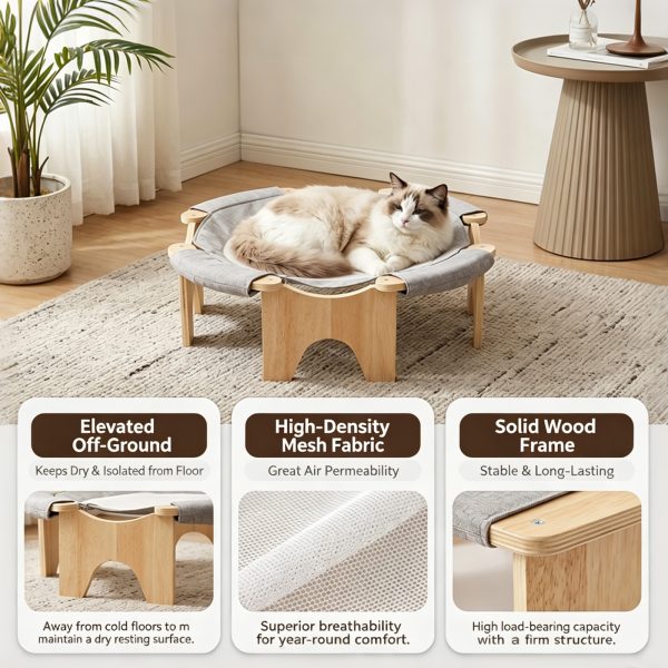 细节图2 Marchul Wooden Elevated Cat Bed Hammock, Raised Breathable Rattan Surface Cat Lounge Bed, Ground Cats Sleeping Bed for Indoor Cat, 21 x 7in